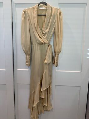 Zimmermann cream beige satin silk Wrap midi Dress with Ruffled Hem